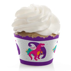 Roar Dinosaur Girl - Dino Mite T-Rex Baby Shower or Birthday Party Decorations - Party Cupcake Wrappers - Set of 12