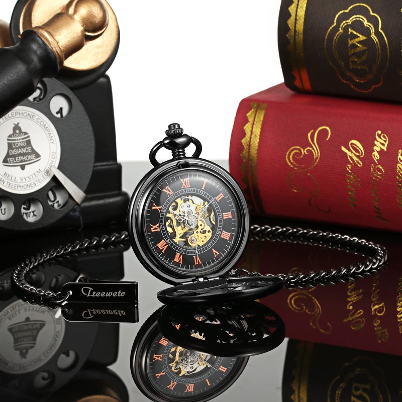 TREEWETO Mechanical Skeleton Pocket Watch Lucky Phoenix & Dragon Hollow