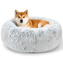 Dog Calming Beds for Small Medium Large Dogs - Round Donut Washable Puppy Dog Bed, Anti-Slip Faux Fur Fluffy Donut Cuddle Anxiety Cat Pet Bed (28" Rose)