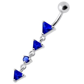 Dark Blue Cz Gemstone Fancy Triple Triangle Gems Dangling Design 925 Sterling Silver with Stainless Steel Belly Ring - Belly Button jewelry - Navel jewelry
