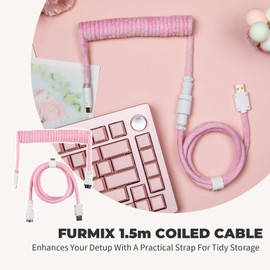 EPOMAKER FurMix Custom Coiled Keyboard Cable, 1.5m USB-C to USB-A Double-Sleeved Cable for Mechanical Keyboard, with Detachable 5-Pin Metal Aviator Connector for Gaming Keyboard (Pink)
