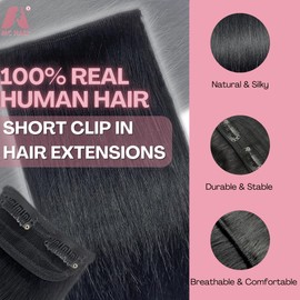 2 Pcs Short Hair Extensions, Human Hair Clip in Extensions for Women Adding Volume 6 inch Jet Black