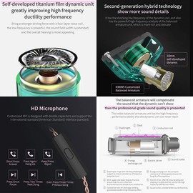 Andiker KZ ZSN-C Quad Driver Earphones DD+BA Hybrid Technology Electronic Crossover Wired Headset, Detachable Cable Heavy Bass Stereo in-Ear Earbuds with Storage Box (ZSN-C No mic, Cyan)