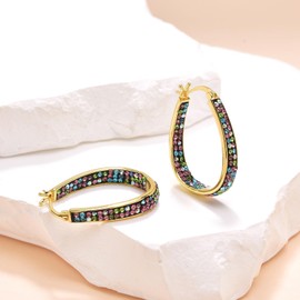 Crystal Hoop Earrings - Silver Plated Inside Out Oval Shape Hoop Earrings for Women, 1.2 Inch (Gole Plated Max)