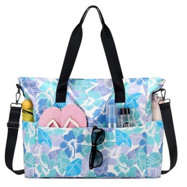 PIG PIG GIRL Beach Bags for Women, Waterproof Sandproof Swim Pool Bag with Dry Wet Seperated Pocket Lightweight Travel Tote Bag for Girls with Utility Slots Weekender Overnight Bag,Teal Leaf