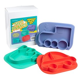 Sili-Plate Silicone Plate Set - 3 Pack, Fun Flexible Silicone Non-slip Base, Divided Dishes for Baby & Toddlers Food Training- Car, Train & Rocket Ship, Food Safe & BPA Free w Compartments