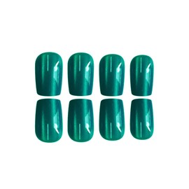 Dark Green Press on Nails Short Square Fake Nails Glossy Cat Eye Acrylic False Nails Press ons with Gradient Design Shiny Green Glue on Artificial Nails for Women Manicure 24Pcs