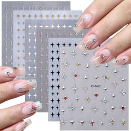 Star Nail Stickers 6 Sheets 3D Self-Adhesive Glitter Gold Silver Black White Stars Nail Art Design Stickers with Rhinestones Charms Aurora Star Nail Decals for Nail Art Decor Supplies DIY Accessories