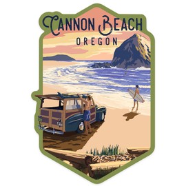 Die Cut Sticker Cannon Beach, Oregon, Woody and Haystack Rock, Vinyl Sticker, (Waterproof Decal for Cars, Water Bottles, Laptops, Coolers), Large