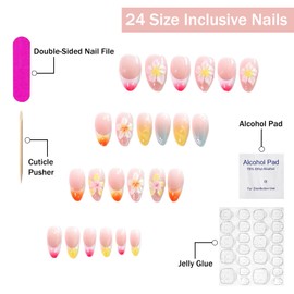 French Tip Press on Nails Medium Almond SWEKKE 3D Flower Fake Nails False Nails with Plumeria Designs Hawaii Glossy Glue on Nails Summer Stick on Nails for Women Girls 24Pcs