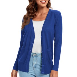 Urban CoCo Women's Button Down Lightweight Knit Cardigan Sweater with Pockets (Royal Blue, XL)