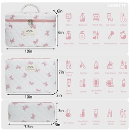 Cosmetic Bag, Quilted Cosmetic Bag for Women, Flower Makeup Bag, Travel Toilet Organiser Bag Set, Bow tie