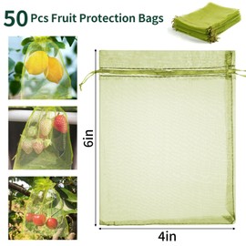 NIUBIER 50 Pcs Fruit Protection Bags, 4×6 Inches Green Fruit Nets for Fruit Tree, Drawstring Mesh Cover Bags to Protect Vegetables Tomato Strawberry Garden (4×6 Inch)