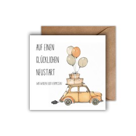 WBdesignz Leaving Card "Auf einen glücklichen Restart" with Envelope - Square Card with Car, Suitcases & Balloons - Loving Farewell Greeting for Colleagues, Friends or Moving (125 x 125 mm)