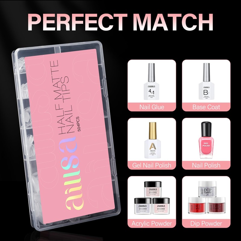 AILLSA Short Almond Nails 504PCS Half Matte Fake Nails Tips