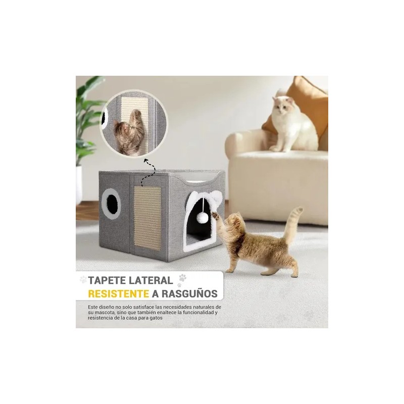 Casa para Gatos Plegable LovePaws Gris, con Rascador y Cojín