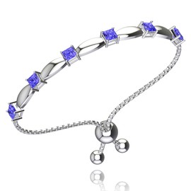 Belinda Jewelz - Birthstone Bolo Bracelet With 6 Square-Cut Stones, 925 Sterling Silver for Women, Stackable Tanzanite Bracelet With Bolo Closure, 11"