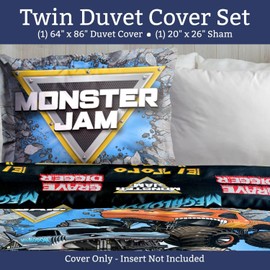 Jay Franco Duvet Cover Set – 2 Piece Comforter Cover and Sham Set, Super Soft Cozy Kids Bedding (Insert Not Included) Grey - Monster Jam, Twin