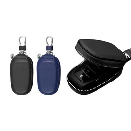 Ohleats 2PCS Car Key Case, Genuine Leather Auto Key Fob Cover Case with Hook, Auto Key Fob Holder Smart Protector Cover, Car Accessories (Black+Blue)