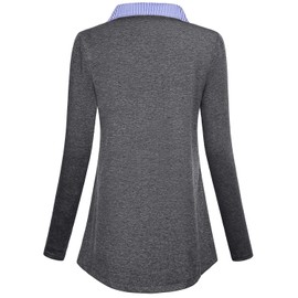 SeSe Code Long Sleeve Blouse Women Baggy V Neck Shirts Ruched Draped Petite Tops Turn Down Collar Contrast Color Delicate Beautiful Unique Office Work Clothes Grey M