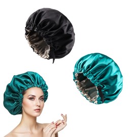 2PCS Sleep Cap for Women & Girls - Double-Sided Adjustable Bonnet, Like Silk, Double Layer Waterproof Design for Healthy Hair Protection During Sleep Black, Dark Green