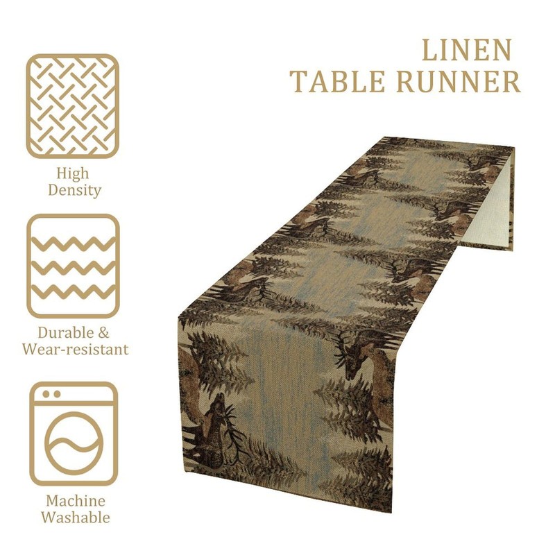 Retro Rustic Table Runner, Moose Deer Forest Tree Country Style