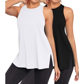 DYLH Athletic Tops for Womens Tank Tops Loose Fit Pima Cotton Yoga Tops High Neck Workout Tank Tops Racerback Sleeveless Side Split Muscle Shirts Black White