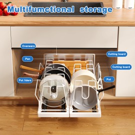 Mustorn 2 Pack Pots and Pans Organizer Under Cabinet, 21.6" Deep Pull Out Pot Lid Organizer Holder with Guardrail Adhesive Pot and Pan Holder Rack with 10 Adjustable Dividers(White)