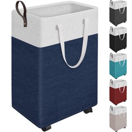 HomeHacks 90L Rolling Laundry Hamper with 4 Smooth Wheels, Collapsible Waterproof Clothes Basket, Freestanding Tall Hamper with Extended Handles for Bedroom/Dorm/Laundry Room (Blue)