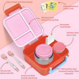 Kids Bento Lunch Box with 9oz Soup Thermo Leakproof Lunch Food Containers 4 Compartment with Insulated Hot Food Jar for Kid Toddler Girls Boys to School, Trvael
