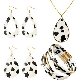 Cow Jewelry Set for Women Black and White Dairy Cattle Print Jewelry Set 4 Pieces Faux Leather Cow Earrings Necklace Bracelet Set Cow Leather Bracelet Cow Leather Dangle Earrings Necklace (cow)