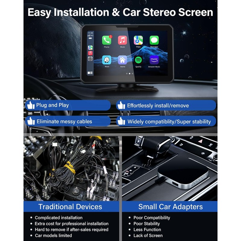 AX2V 7" HD Apple Carplay Screen for Car，2-in-1 Wireless CarPlay