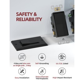 AIDA 4 Way Switch Decorative Light Switch, 15Amp, 120/277 Volt, AC Decorator Rocker Switch, Wall Plate Included, Self-Grounding, Residential and Commercial Grade, UL Listed (20 Pack, Glossy Black)
