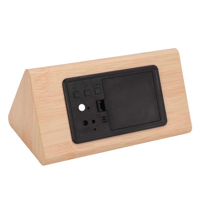 Triangular Digital Wooden Clock Time Date Temperature Humidity Display Alarm