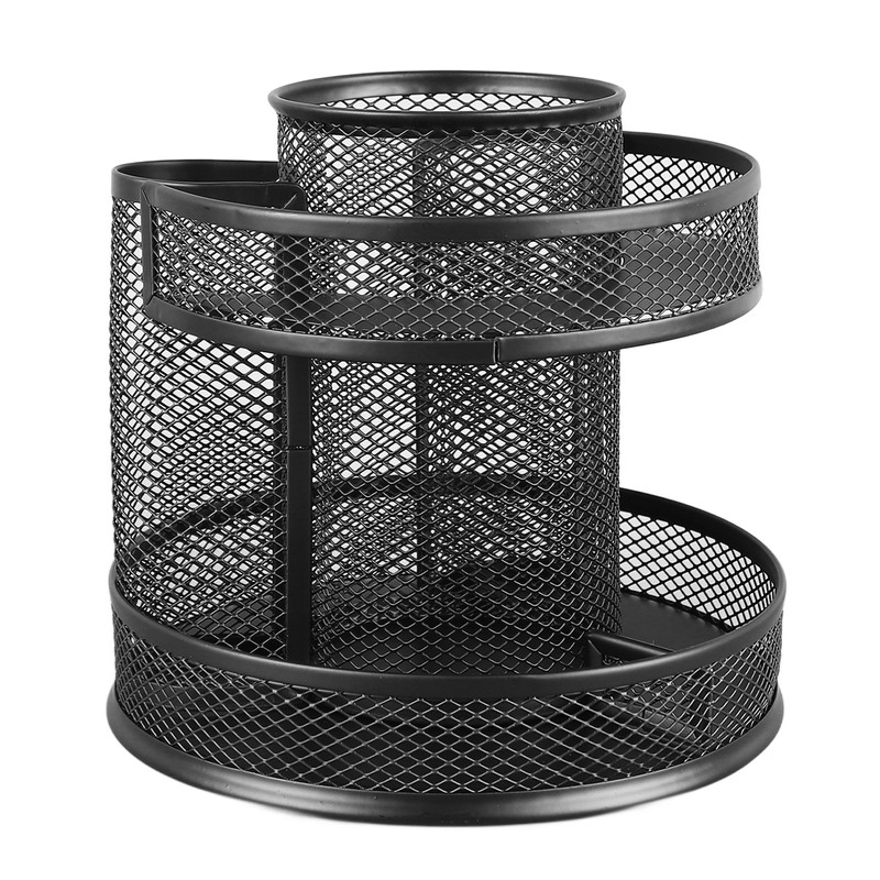 Rotating Pen Holder Black Mesh 7 Compartments Strong Metal Rotating
