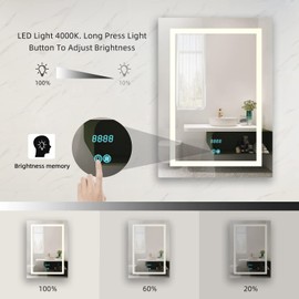 Tech Drive Bathroom Mirror with led Lights,Bathroom Vanity Mirror 20x28 inch, 4000K Dimmable Brightness Touch Switch Control and Time Display, Anti-Fog Wall Mounted Makeup Mirrors