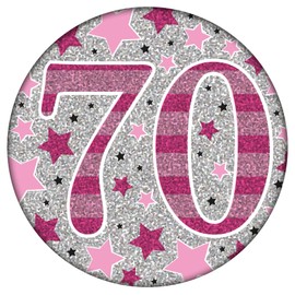Age 70 Birthday Badge Pink and Silver Star Holographic Recyclable 70th Birthday Party Badge