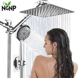 NGNP Shower Head,8/10 Inch High Pressure Rain Shower Head with Handheld Spray Combo, Adjustable Dual Rainfall Shower Head - Showerhead Comb Set with Extension Arm - 60 Inch Long Shower Hose - Color: chrome, size: 10 inches