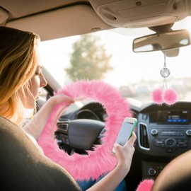 Frienda 6 Pieces Fluffy Car Accessories Set Fluffy Steering Wheel Cover Soft Fuzz Handbrake Gear Shift Cover Bling Mirror Fuzz Bling Car Pad Decoration(Pink)