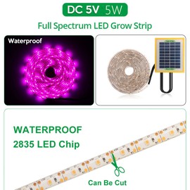 Gugxiom 5 m Solar Plant Grow Light, 5 V5 W Waterproof Monocrystalline Full Spectrum Greenhouse Grow Light, Environmentally Friendly with Solar Panel Grow Light Strips for