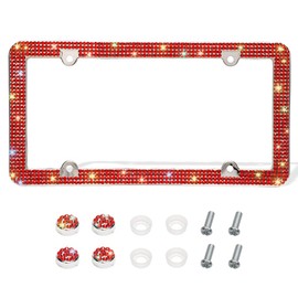 Otostar Bling License Plate Frame, Handcrafted 4 Rows Shiny Rhinestones Stainless Steel 4 Holes License Plate Frame with Anti-Theft Screws Caps Set (Red, 1 Pack)