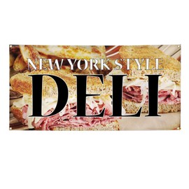 Vinyl Banner Multiple Sizes New York Style Deli Advertising Printing Food & Beverage American Cuisine Outdoor Weatherproof Industrial Yard Signs Brown 4 Grommets 16x40Inches
