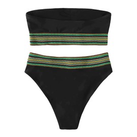 SweatyRocks - Traje de baño para mujer, diseño bandeau de rayas, traje de baño de cintura alta, traje de baño, Negro -, M