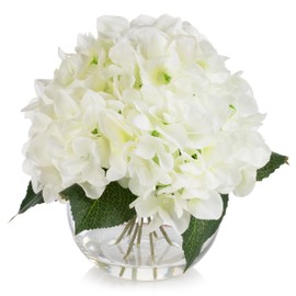 ENOVA FLORAL Silk Hydrangea Artificial Flowers in Ball Vase with Faux Water, Silk Flower Arrangements in Vase for Home Decor, Wedding Table (Cream)