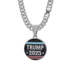 Yonghao Pavilion New Hip Hop Necklace for Men Iced Out Cuban Chain Necklace TRUMP 2025 Commemorative Medallion Pendant, Gold-Tone, Crystal Rhinestone Chain 23.62 inches (silvery)