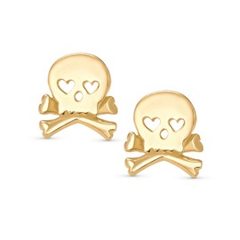 Whimsical Sweet Small Heart Eyes Caribbean Pirate Skull & Crossbones Stud Earrings For Women Teen Yellow Gold Plated .925 Sterling Silver