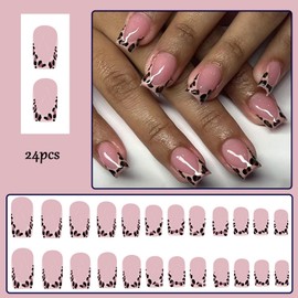 Square False Nails Short, Press On Nails, Leopard Print Pattern Fake Nails with Glue, Glossy Removable French Nail Tips, Stick on Nail for Women Girls DIY Art
