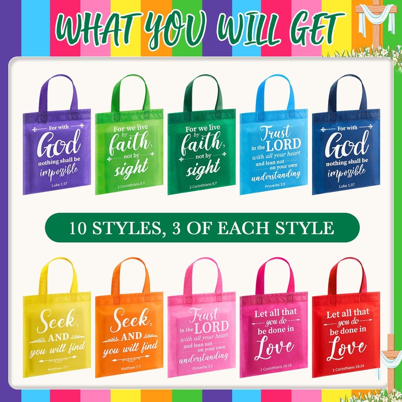 WILLBOND 30 Pcs Christian Tote Gift Bags Reusable Bible Verse