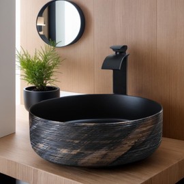 Sinku Mccut Ceramic Vessel Sink with Faucet Combo Black and Gold Round Above Counter Bathroom Sink for Bathrooms