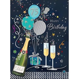 Male 75th Birthday Card for Him - Age 75 - Champagne and Balloons Design - Made in the UK - Eco Friendly